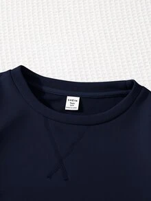 SHEIN 青少年男孩休閒圓領長袖拼色拼接袖衛衣，寬鬆版型，適合春夏秋冬，大學風 - 藏蓝色 - 查看 4