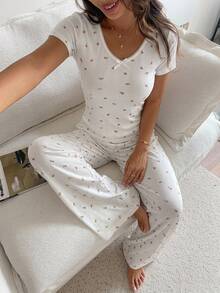 DAZY 2pcs/Set Sweet Ditsy Floral Slim Fit Short Sleeve T-Shirt And Straight Leg Long Pajama Pants Summer Outfit Women's Sleepwear Set - White - View 3