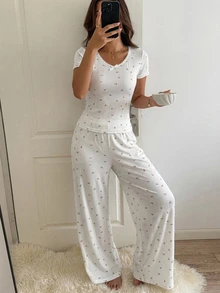 DAZY 2pcs/Set Sweet Ditsy Floral Slim Fit Short Sleeve T-Shirt And Straight Leg Long Pajama Pants Summer Outfit Women's Sleepwear Set - White - View 4