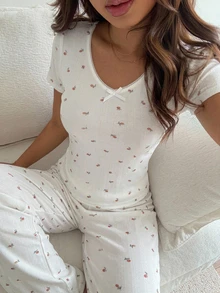 DAZY 2pcs/Set Sweet Ditsy Floral Slim Fit Short Sleeve T-Shirt And Straight Leg Long Pajama Pants Summer Outfit Women's Sleepwear Set - White - View 8
