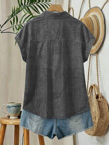 EMERY ROSE Women's Single-Breasted Pocket Casual Vacation Shirt - Dark Grey - View 2