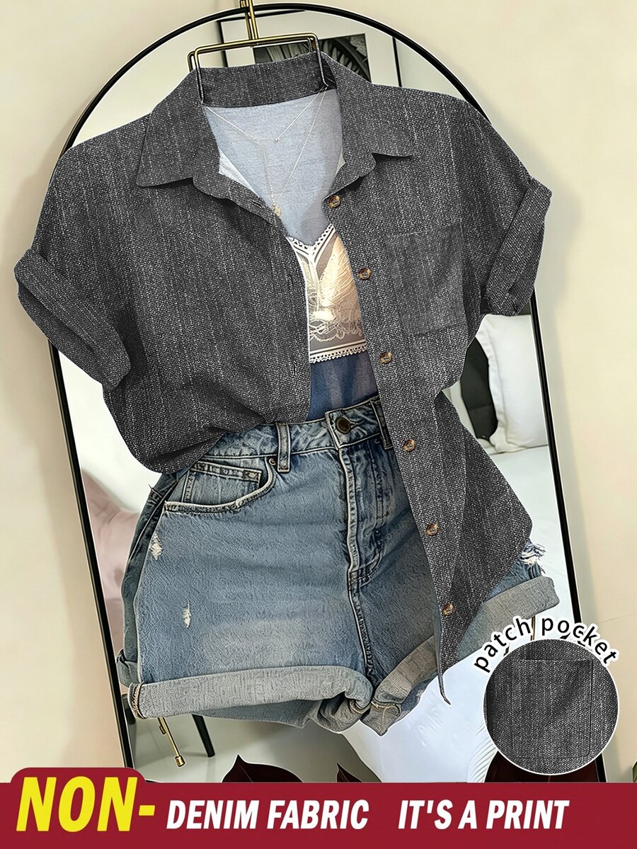 EMERY ROSE Women's Single-Breasted Pocket Casual Vacation Shirt - Dark Grey - View 1