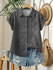 EMERY ROSE Women's Single-Breasted Pocket Casual Vacation Shirt - Dark Grey - View 3