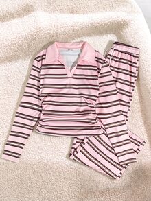 SHEIN Explorewe Setelan 2 Potong Kaos dan Celana Bergaris untuk Remaja Perempuan, Kasual, Minimalis, Rajut, Kembali ke Sekolah, Vintage, Ramping, Pakaian Musim Gugur, Musim Gugur, Setelan Pakaian Remaja Perempuan Bergaris - MultiWarna - View 5