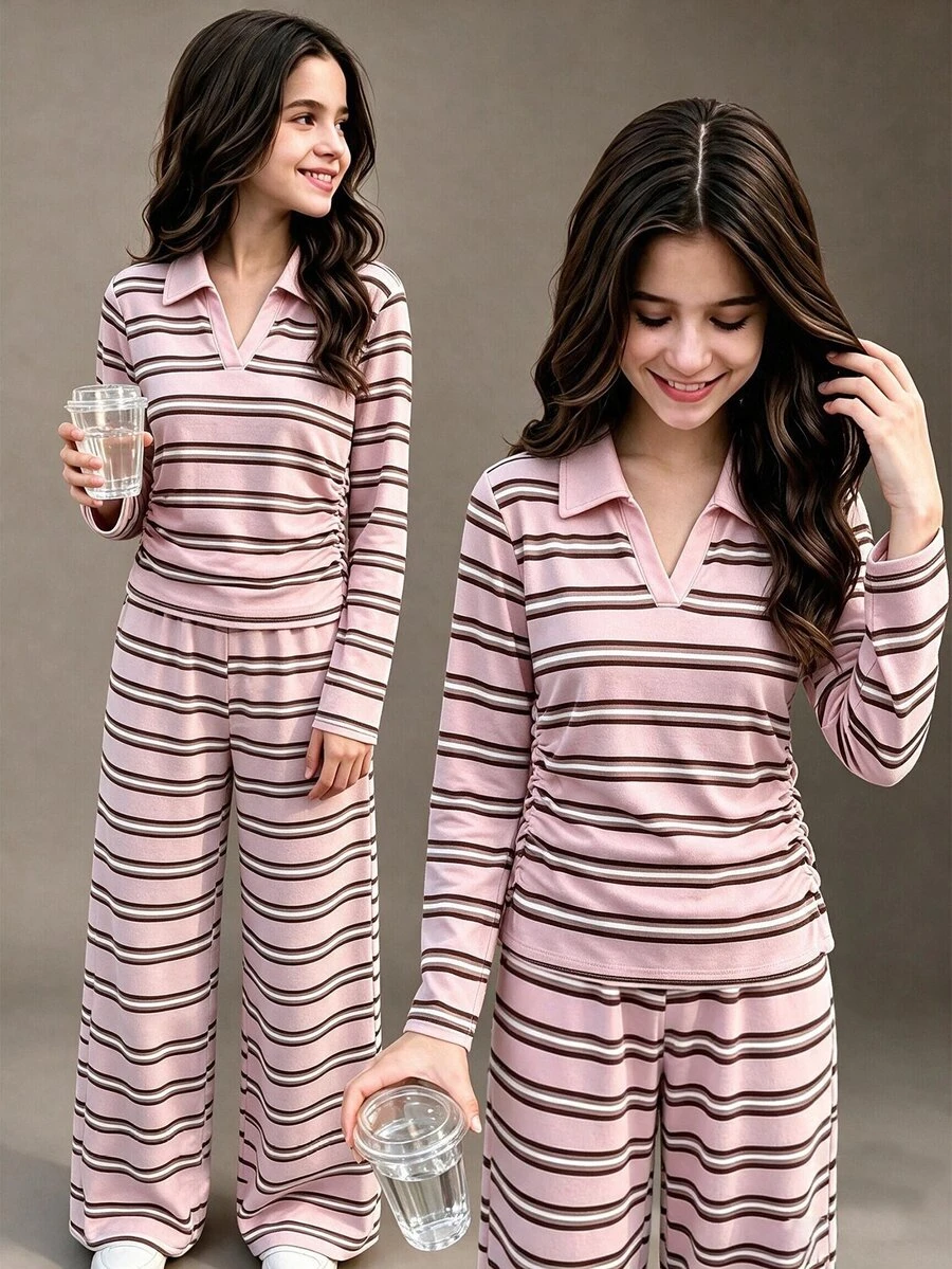 SHEIN Explorewe Setelan 2 Potong Kaos dan Celana Bergaris untuk Remaja Perempuan, Kasual, Minimalis, Rajut, Kembali ke Sekolah, Vintage, Ramping, Pakaian Musim Gugur, Musim Gugur, Setelan Pakaian Remaja Perempuan Bergaris - MultiWarna - View 1