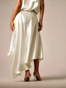 AiiRZ Rok Midi Asimetris Satin dengan Hiasan Renda di Bagian Bawah dan Tali Serut di Pinggang, Siluet A-Line Elegan dan Mengalir untuk Acara Malam Musim Semi dan Musim Panas - Aprikot - View 3