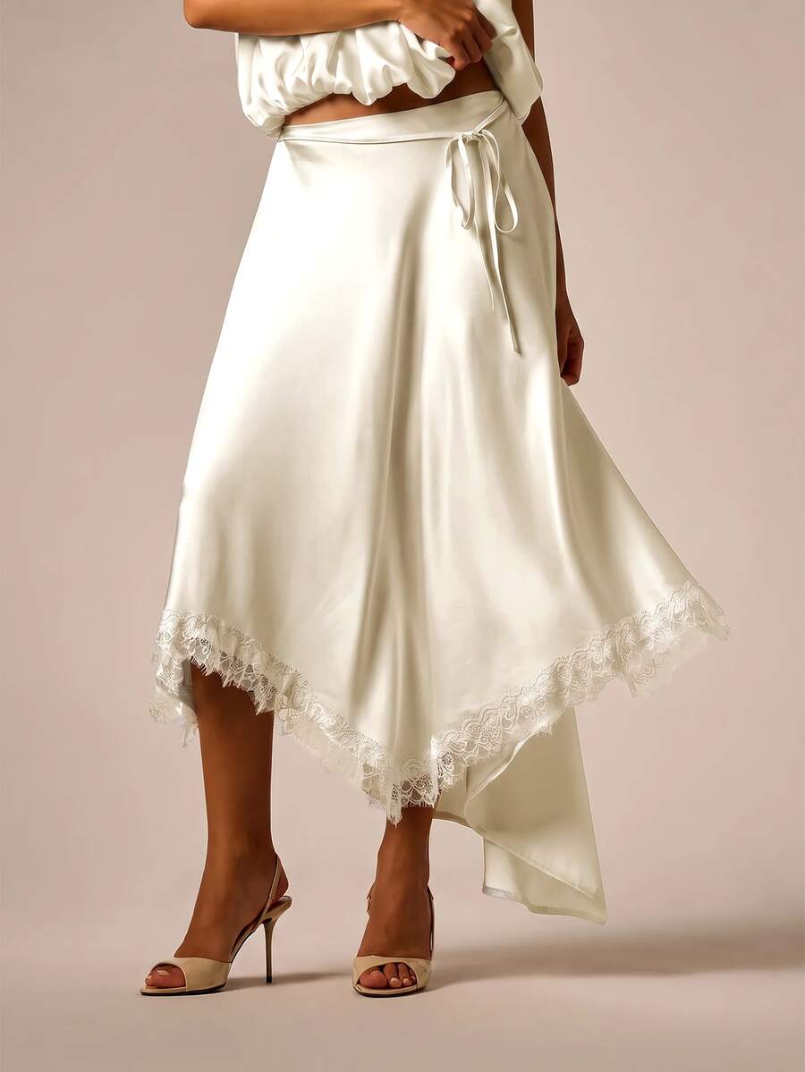 AiiRZ Rok Midi Asimetris Satin dengan Hiasan Renda di Bagian Bawah dan Tali Serut di Pinggang, Siluet A-Line Elegan dan Mengalir untuk Acara Malam Musim Semi dan Musim Panas - Aprikot - View 1