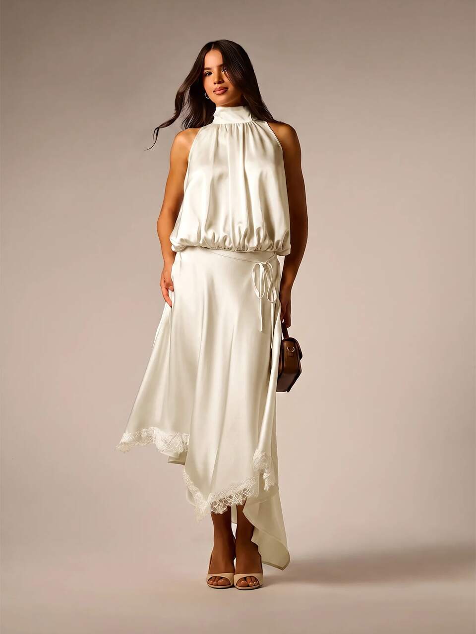 AiiRZ Satin A-Line Skirt With Asymmetric Lace Trim Hem
