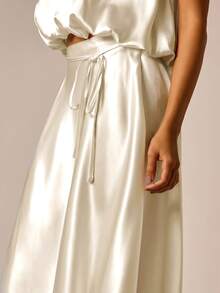 AiiRZ Rok Midi Asimetris Satin dengan Hiasan Renda di Bagian Bawah dan Tali Serut di Pinggang, Siluet A-Line Elegan dan Mengalir untuk Acara Malam Musim Semi dan Musim Panas - Aprikot - View 4