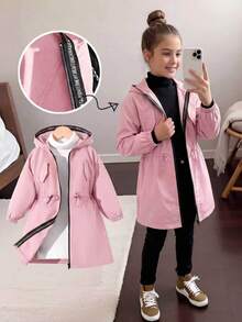 SHEIN Sparklyn 女童（大童）粉色收腰連帽字母裝飾運動休閒可調腰口袋夾克外套，秋季服飾，秋季，返校，學校，校服 - 粉色 - 查看 3