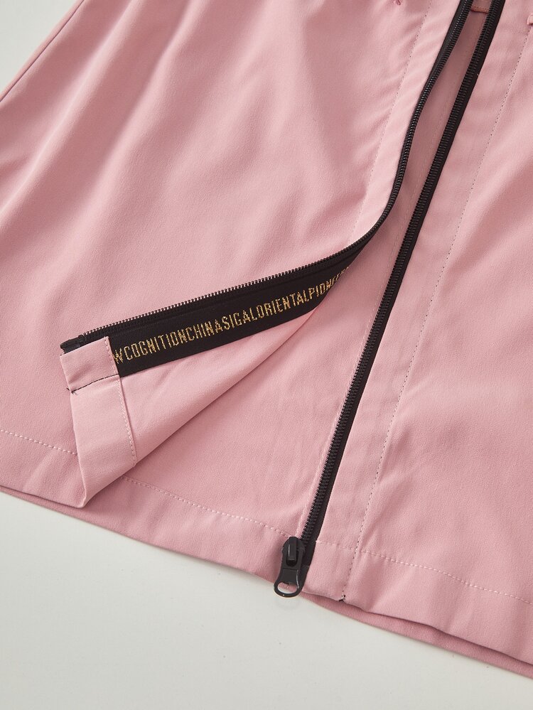 SHEIN Sparklyn Tween Girls Long Sleeve Zip Up (Big) Pink Cinched Waist Hooded Letter Decor Sporty Casual Adjustable Waist Pockets Jacket, Fall Clothes, Fall, Back To - Pink - View 5