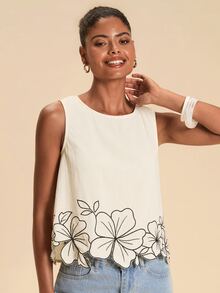 Travachic Women's Floral Embroidered Round Neck Sleeveless Top For Vacation Brunch Tea Party Black White Polka Dot Summer Minimalist Elegant - Multicolor - View 3