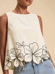 Travachic Women's Floral Embroidered Round Neck Sleeveless Top For Vacation Brunch Tea Party Black White Polka Dot Summer Minimalist Elegant - Multicolor - View 6