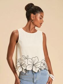 Travachic Women's Floral Embroidered Round Neck Sleeveless Top For Vacation Brunch Tea Party Black White Polka Dot Summer Minimalist Elegant - Multicolor - View 4