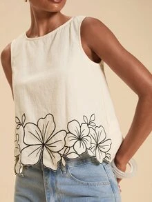 Travachic Women's Floral Embroidered Round Neck Sleeveless Top For Vacation Brunch Tea Party Black White Polka Dot Summer Minimalist Elegant - Multicolor - View 5