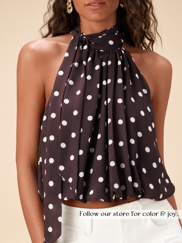 Travachic Blus Wanita Elegan Motif Polkadot dengan Tali Leher, Pakaian Musim Panas untuk Wanita, Atasan Elegan, Atasan Polkadot, Atasan Musim Panas