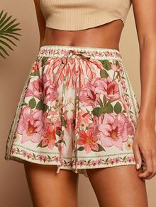 Travachic Pink Floral Summer Boho Beach Vacation Holiday Floral Print Drawstring Waist Tied Knot Comfy Flowy Shorts For Women,Tropical Beachwear,Western Style - Pink - View 3