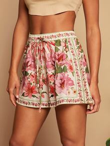 Travachic Pink Floral Summer Boho Beach Vacation Holiday Floral Print Drawstring Waist Tied Knot Comfy Flowy Shorts For Women,Tropical Beachwear,Western Style - Pink - View 5
