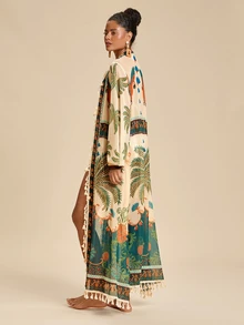 Travachic Women's Coconut Tree Print Casual Beach Cover Up Robe, Summer Vacation, Elegant Party Dress, Work Wear, Festival Outfits, Country, Casual - Multicolor - View 6