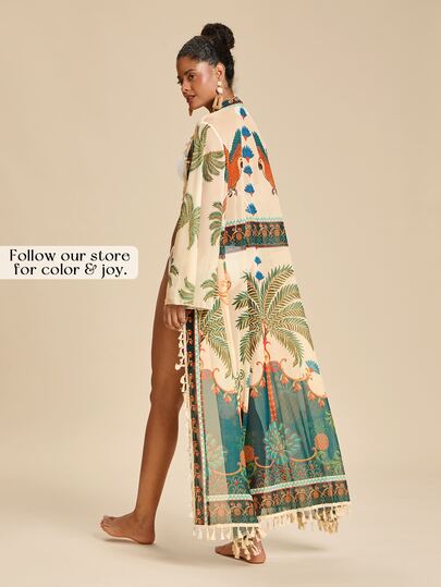 Travachic Women's Coconut Tree Print Casual Beach Cover Up Robe, Summer Vacation, Elegant Party Dress, Work Wear, Festival Outfits, Country, Casual