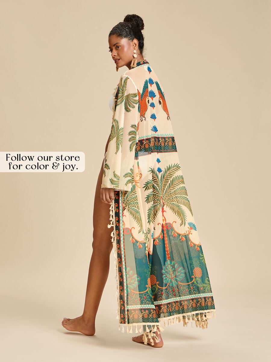 Travachic Women's Coconut Tree Print Casual Beach Cover Up Robe, Summer Vacation, Elegant Party Dress, Work Wear, Festival Outfits, Country, Casual - Multicolor - View 1