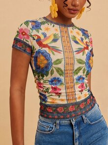 Travachic 女款花卉印花圓領時尚度假上衣，米色夏季熱帶性感優雅派對上衣，鄉村休閒上衣 - 彩色 - 查看 5