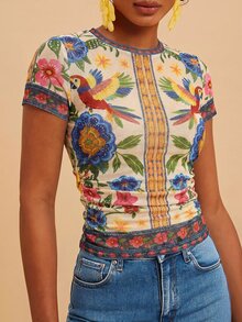 Travachic 女款花卉印花圓領時尚度假上衣，米色夏季熱帶性感優雅派對上衣，鄉村休閒上衣 - 彩色 - 查看 4