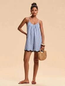 Travachic 女款藍白條紋休閒細肩帶連身褲，海灘夏季穿搭、優雅職場裝、節慶穿搭、鄉村風、休閒穿搭 - 藍色 - 查看 4