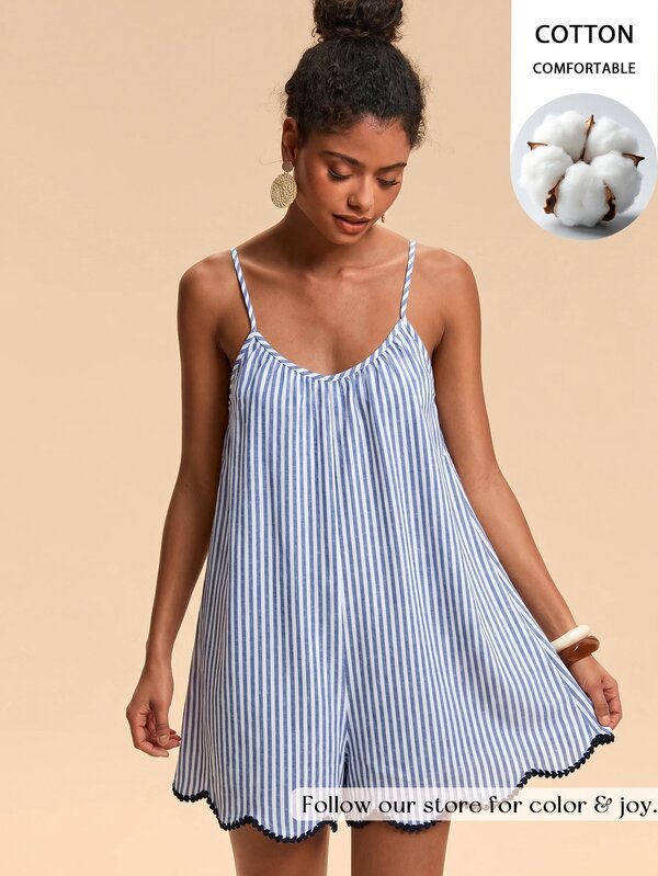 Travachic Women's Blue And White Striped Casual Camisole Romper Beach Summer, Elegant Work Wear, Festival Outfits, Country, Casual Outfits
