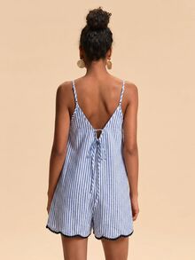 Travachic 女款藍白條紋休閒細肩帶連身褲，海灘夏季穿搭、優雅職場裝、節慶穿搭、鄉村風、休閒穿搭 - 藍色 - 查看 2