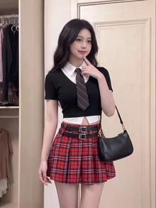 SHEIN MOD Solid Ribbed Knit 2 In 1 Tee With Tie - Black - View 3