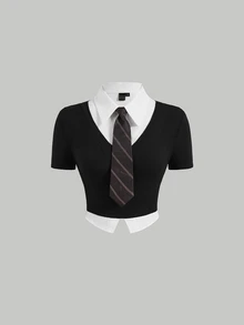 SHEIN MOD Solid Ribbed Knit 2 In 1 Tee With Tie - Black - View 2