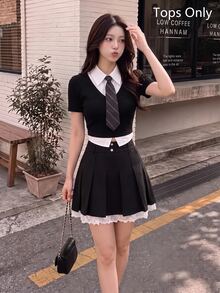 SHEIN MOD Solid Ribbed Knit 2 In 1 Tee With Tie - Black - View 1