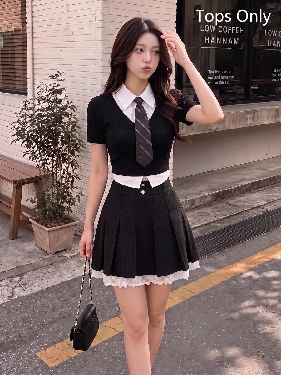 SHEIN MOD Solid Ribbed Knit 2 In 1 Tee With Tie - Black - View 1