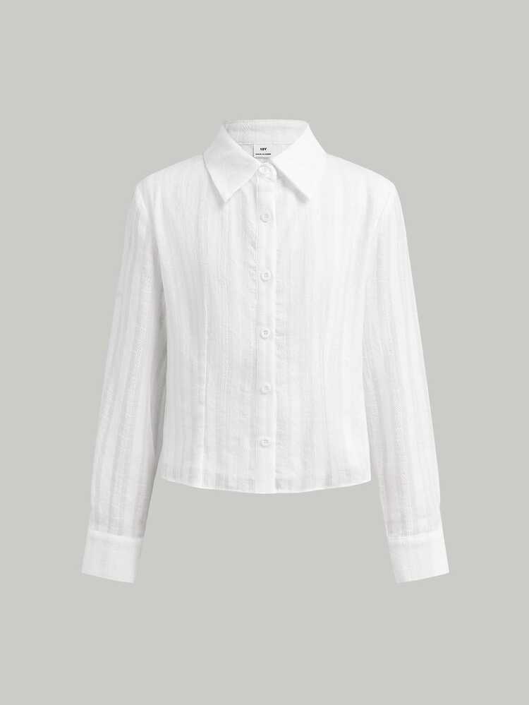 SHEIN Tween Girls Versatile Casual White Striped Jacquard Shirt For Autumn,White School Shirt,School Shirts,School Blouses,Back To School ,Tops - White - View 3