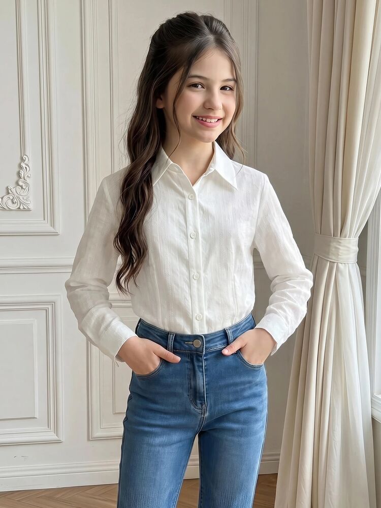 SHEIN Tween Girls Versatile Casual White Striped Jacquard Shirt For Autumn,White School Shirt,School Shirts,School Blouses,Back To School ,Tops - White - View 1