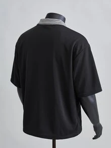 NORVETH Men's Casual Streetwear Daily City Break Letter Pattern Tipped Short Sleeve Polo Shirt, Summer Black - Black - View 6