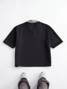 NORVETH Men's Casual Streetwear Daily City Break Letter Pattern Tipped Short Sleeve Polo Shirt, Summer Black - Black - View 3