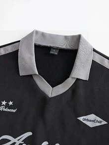 NORVETH Men's Casual Streetwear Daily City Break Letter Pattern Tipped Short Sleeve Polo Shirt, Summer Black - Black - View 4