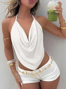Firerie Solid Concert Draped Front Backless Party Halter Top,Summer Top - White - View 4