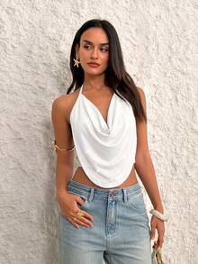 Firerie Solid Concert Draped Front Backless Party Halter Top,Summer Top - White - View 8
