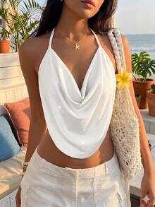 Firerie Solid Concert Draped Front Backless Party Halter Top,Summer Top - White - View 1