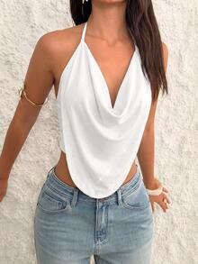 Firerie Solid Concert Draped Front Backless Party Halter Top,Summer Top - White - View 6