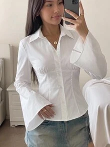 SHEIN Girlism 青少年女孩秋/冬新款休閒優雅通勤日常極簡百搭旅行純白色收腰百褶長袖襯衫 - 白色 - 查看 1