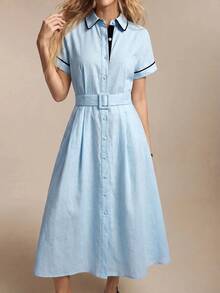 BizChic Front Button Shirt Dress With Colorblock Patchwork, Turned-Up Cuffs, Vintage French Elegant Business Formal Minimalist Luxury Commute Date - Baby Blue - View 8