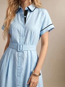 BizChic Front Button Shirt Dress With Colorblock Patchwork, Turned-Up Cuffs, Vintage French Elegant Business Formal Minimalist Luxury Commute Date - Baby Blue - View 4