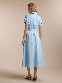 BizChic Front Button Shirt Dress With Colorblock Patchwork, Turned-Up Cuffs, Vintage French Elegant Business Formal Minimalist Luxury Commute Date - Baby Blue - View 3