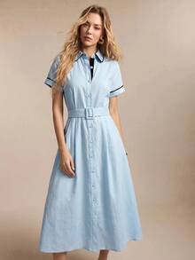 BizChic Front Button Shirt Dress With Colorblock Patchwork, Turned-Up Cuffs, Vintage French Elegant Business Formal Minimalist Luxury Commute Date - Baby Blue - View 6