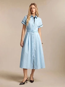 BizChic Front Button Shirt Dress With Colorblock Patchwork, Turned-Up Cuffs, Vintage French Elegant Business Formal Minimalist Luxury Commute Date - Baby Blue - View 5