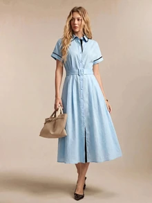 BizChic Front Button Shirt Dress With Colorblock Patchwork, Turned-Up Cuffs, Vintage French Elegant Business Formal Minimalist Luxury Commute Date - Baby Blue - View 7